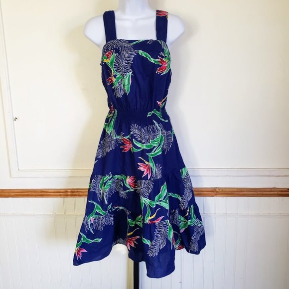 Sand Pebble of Hawaii Womens Sundress Medium Blue Bird of Paradise Print 70s USA - Picture 1 of 10